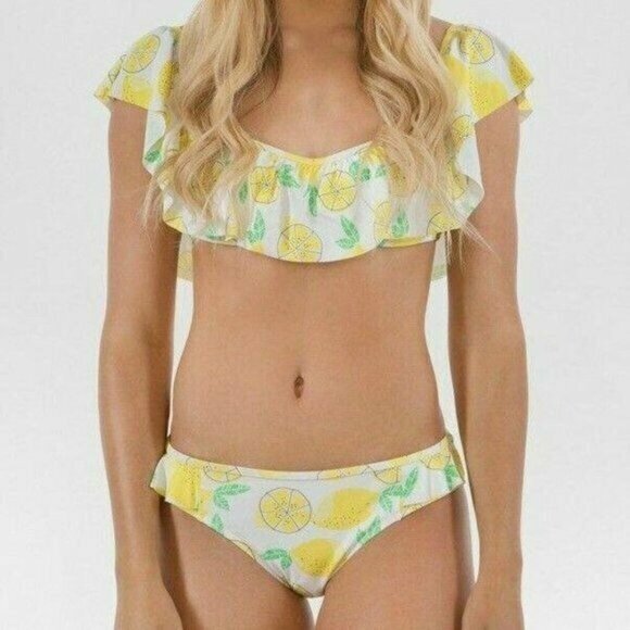 Sugar Coast 2 Pc Bikini Swimsuit Lolli Swim Top Bottom Sz M Lemon Ruffle Yellow - Picture 1 of 8